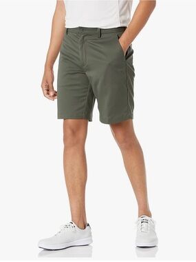 Amazon Men's Olive Green Flat Front Shorts gold Bermuda men’s size 34 inseam 9”